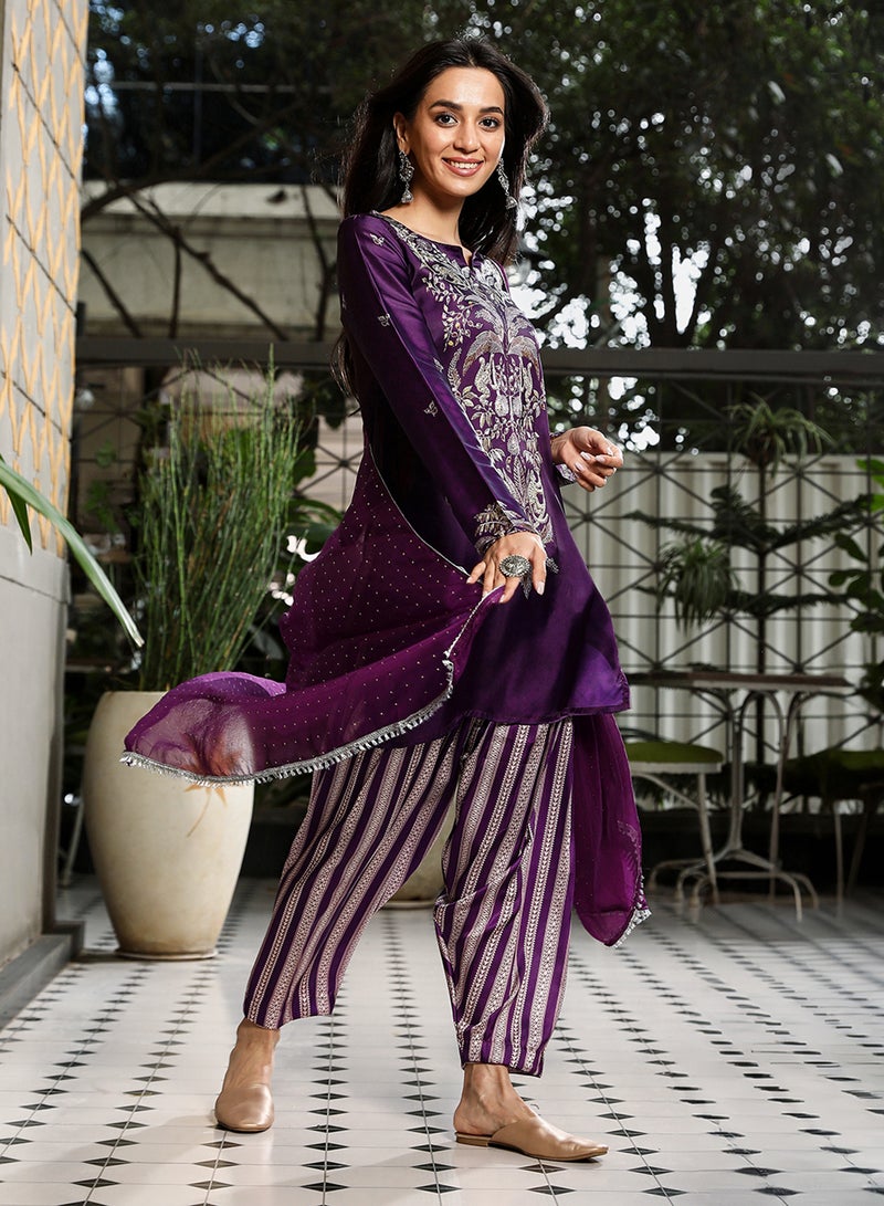 QISSA Women's Violet Ethnic Wilderness Kurti With Trousers & Dupatta For Casual Wear | Portrait Neck | Long Sleeve | 3 Piece Kurta Set Designed With Comfort Fit For Everyday Ethnic Wear - Image 1